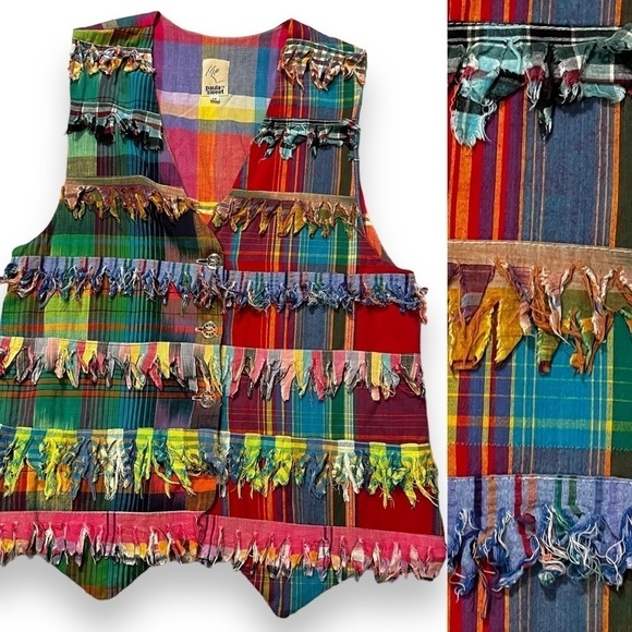 Vintage Paula Sweet Fringed Muslin Vest Art to wear Mixed Plaid Print Medium - Picture 1 of 7